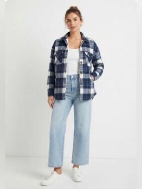 Miss Posh Navy Blue White Plaid Sherpa Lined Shacket Jacket XS